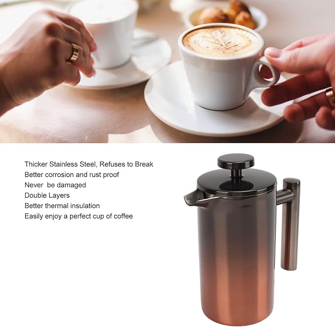 French Press Coffee Maker Tea Maker304 Stainless Steel Coffee Press with Filters Double Layer Coffee Press Single ServeGlass Pot Tea Press Pot(350ml)