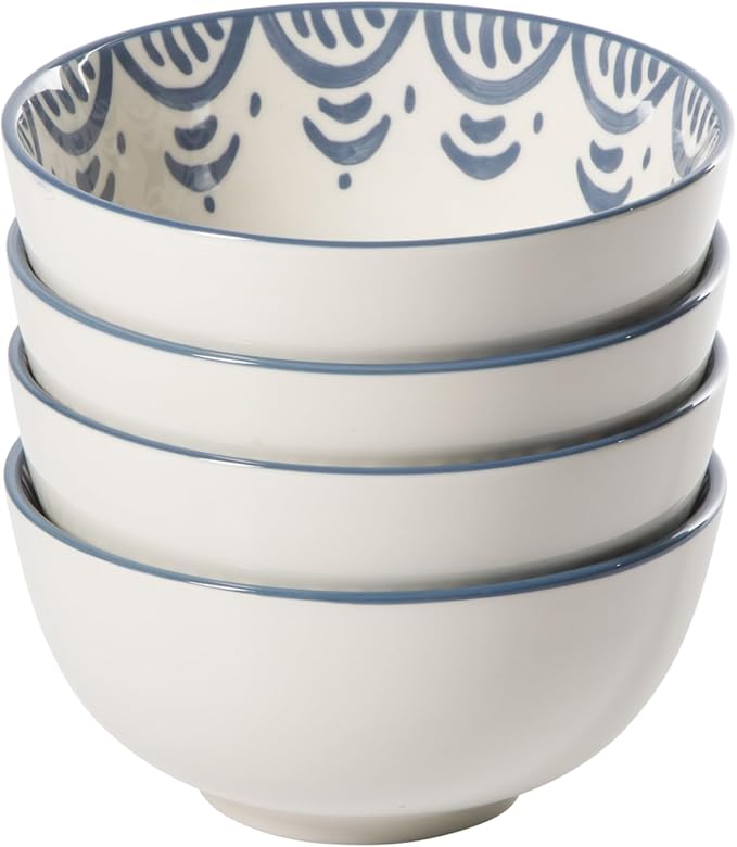 Bloomhouse - 2-Time Oprah’s Favorite Things - Valencia Flor 4 Piece 6” Cereal Bowl Set Stoneware Bowls Mediterranean Floral Decal Design Microwave &amp Dishwasher Safe Iris Blue