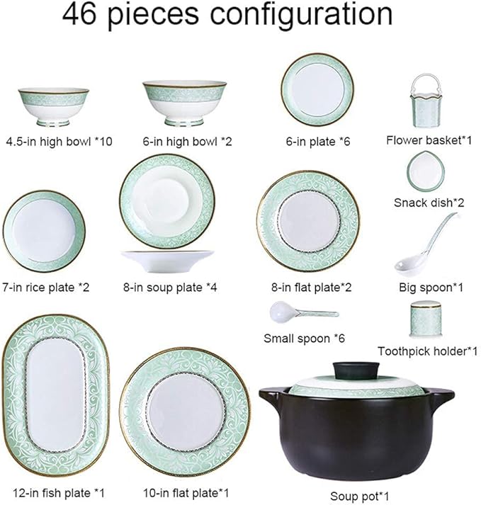 Ceramics Dinnerware Set with 40 PiecesBowl/Dish/Soup Pot/Spoon|Bone China Dinner SetsLake Baikal Pattern Porcelain Combination Set
