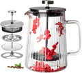 Glass French Press Coffee Maker 22oz (Red Floral) – Double-Wall Borosilicate Ribbed Coffee Press with Stainless Steel Filter Manual Coffee Brewer &amp Tea Press