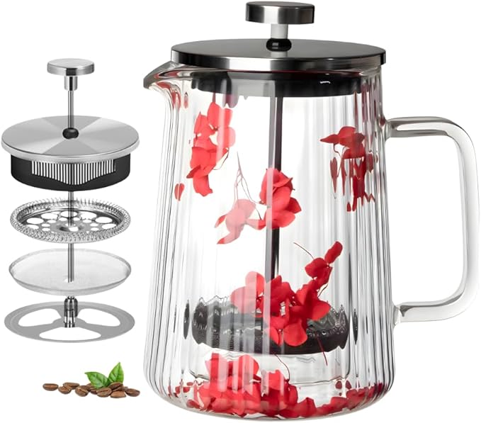 Glass French Press Coffee Maker 22oz (Red Floral) – Double-Wall Borosilicate Ribbed Coffee Press with Stainless Steel Filter Manual Coffee Brewer &amp Tea Press
