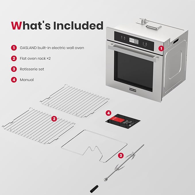 GASLAND 24 Inch Electric Wall Oven 2.6 Cu.ft Built-in Single Wall Oven 12 Cooking Functions 3D Heating Convection Oven with Rotisserie Touch Control Safety Lock ETL Certified Stainless Steel