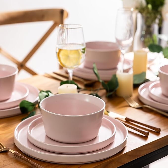 AmorArc Ceramic Dinnerware Sets of 4 Modern Flat Stoneware Plates and Bowls SetsChip and Crack Resistant | Dishwasher &amp Microwave Safe Dishes SetScratch Resistant- Service for 4 (12pc)-Matte Pi