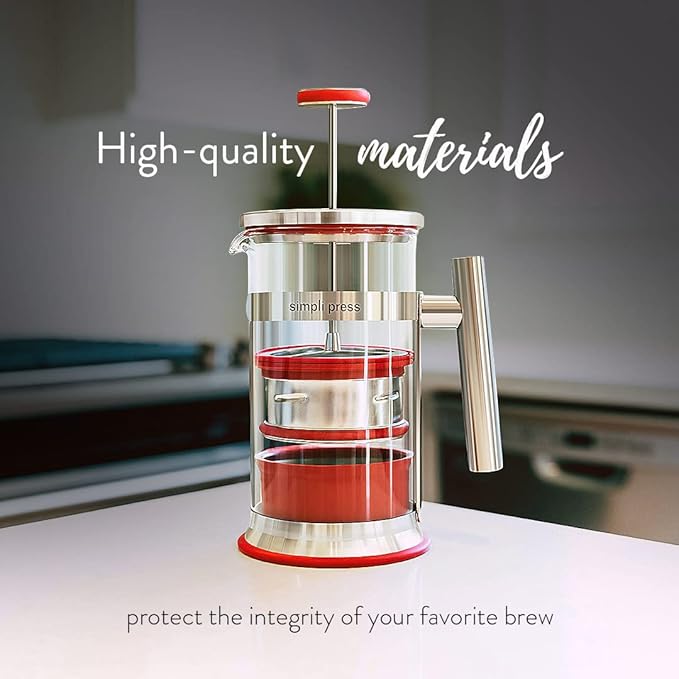 Simpli Press French Press Coffee &amp Tea Maker - Easy Cleanup &amp Customizable Smooth Coffee - Patented - Plastic-Free Premium Stainless Steel 34 oz - Red Color