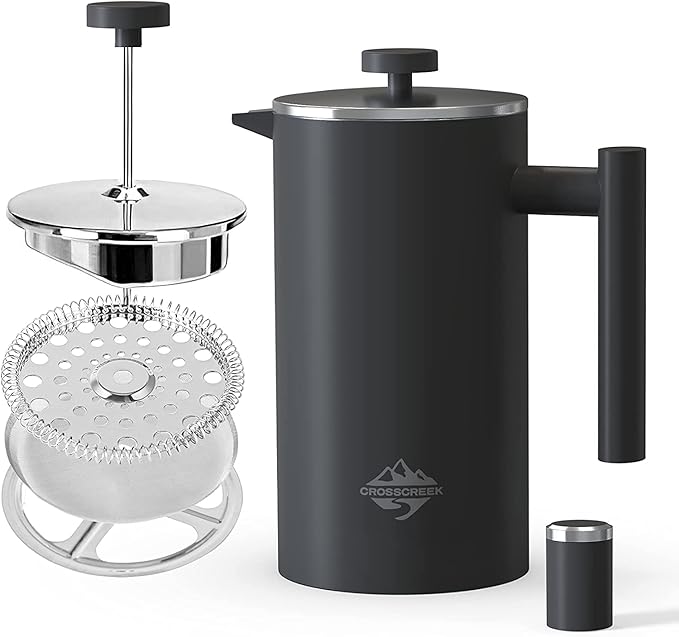 French Press Coffee Maker Double Wall 304 Stainless Steel Coffee Press with 60g Coffee Canister Black Dishwasher Safe 34oz (1L) (Black)