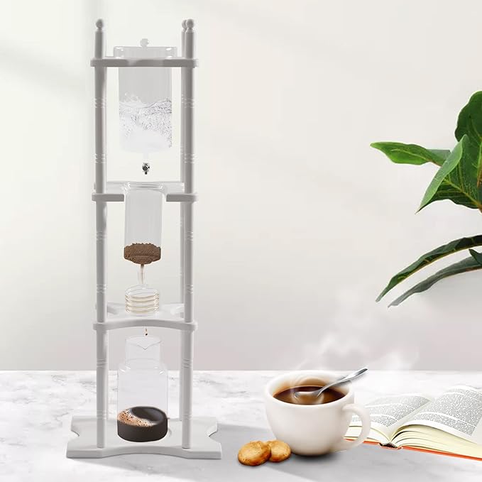 Ice Drip Coffee Maker 84.54 oz Retro Household Cold Brew Coffee Makers with Vertical Japanese Style Glass Container and Wood Stand Drip Coffee Pot for Commercial Office (White)