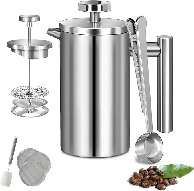 French Press Coffee Maker 34oz/1L Double Wall Stainless Steel Coffee Press with 3 Filters &amp Cleaning Brush Insulated Tea Maker for Home Camping &amp Travel (27 fl oz)