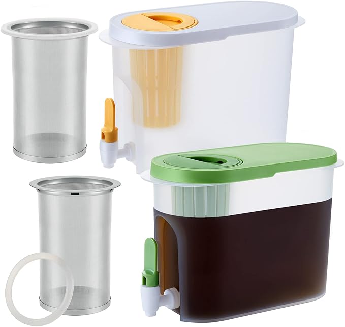 Gerrii 2 Pcs Cold Brew Maker 1 Gallon Plastic Beverage Dispenser with 2 Filters Drink Dispenser for Fridge Cold Brew Pitcher with Spigot Container for Juice Water Tea(Green Yellow)