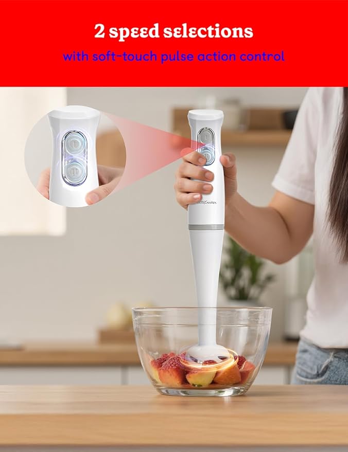 Betty Crocker 2-Speed Hand Blender with 20-Ounce Mixing Beaker Immersion Blender 300W Motor 450W Peak Power Soft-Touch Pulse Control Stainless Steel Blade BPA Free BC-4307W White
