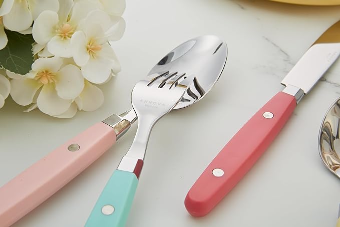 ANNOVA Silverware Set Retro/Rivet Colorful Stainless Steel Tableware Kitchen Flatware Set Utensils Includes Dinner Knives Forks Spoons Salad Forks &amp Dessert Spoons (Pastel Mix 20 Pieces)