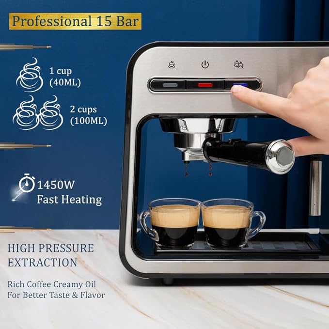 Mixpresso Professional Espresso Machine for Home 15 Bar with Milk Frother Steam Wand Espresso Maker with Double-Cup Splitter 1450w Fast Heating Cappuccino &amp Latte machine 37Oz Water Tank