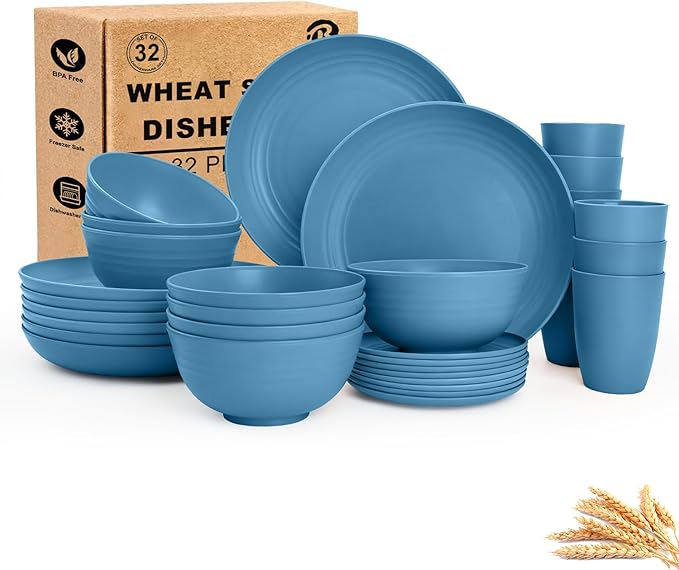 Dinnerware Sets for 8 Wheat Straw Bowls and Plates Set Microwave and Dishwasher Safe Dish Sets 32 PCS Unbreakable &amp Lightweight Camping Plates Cups and Bowls Set for Kitchen - Blue