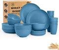 Dinnerware Sets for 8 Wheat Straw Bowls and Plates Set Microwave and Dishwasher Safe Dish Sets 32 PCS Unbreakable &amp Lightweight Camping Plates Cups and Bowls Set for Kitchen - Blue