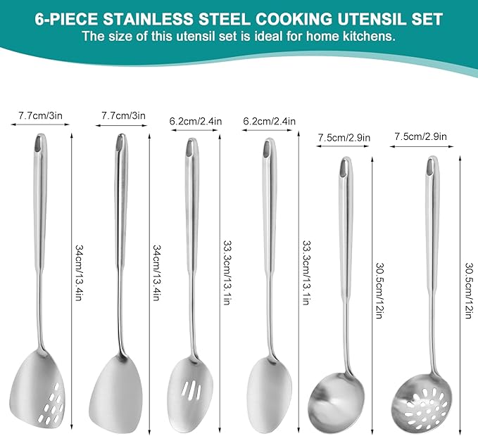 6Pcs Stainless Steel Kitchen Utensils Set – Cooking Utensils Set Stainless Steel Metal Cooking Utensils with Wok Spatula Serving SpoonsLadle Set– Durable Cooking Supplies for Home and Camping
