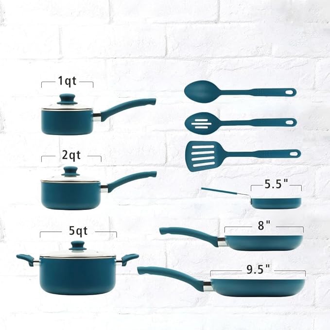 12-Piece Blue Ceramic Cookware Set Non-Stick Pots and Pans Set with Aluminum Body &amp Riveted Handles Complete Kitchen Cookware Collection for All Stovetops Except Induction