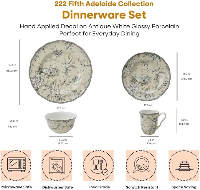 222 Fifth Adelaide 16-Piece Traditional Antique White Porcelain Dinnerware Set – Service for 4 Romantic Bird &amp Floral Design Everyday Big Dinner Plates and Bowls Sets Microwave &amp Dishwasher