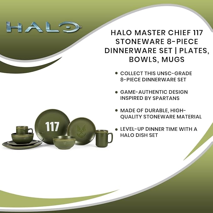 HALO Master Chief 117 Stoneware 8-Piece Dinnerware Set | Video Game-Themed Home Kitchen Essentials | Includes Dinner And Salad Plates Soup Bowls Mugs | Place Setting For 2 Green