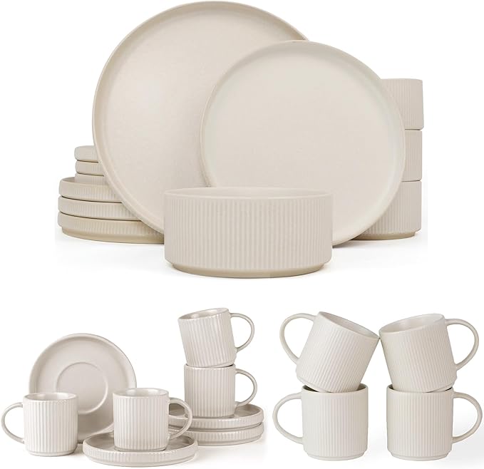 Famiware Dinnerware Set for 4 (12 Piece) and 12oz Mug Set and 3oz Espresso Cups and Saucers Set- Star Stoneware Dishes - Matte White