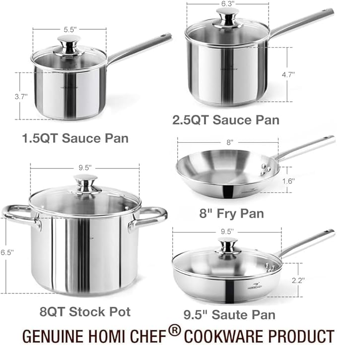 HOMICHEF 14-Piece Nickel Free Stainless Steel Cookware Set - Nickel Free Pots and Pans Set - Non-Toxic Healthy Induction Cookware