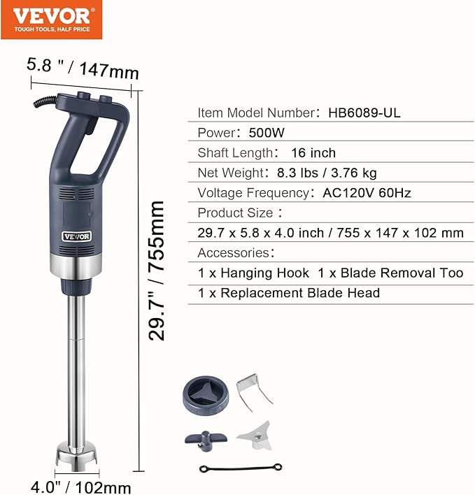 VEVOR Commercial Immersion Blender 500W Heavy Duty Hand Mixer 16 inch Stepless Variable Speed Mixer with Stainless Steel Blade Multi-Purpose Portable Mixer for Soup Sauces Mashed Potatoes Cream