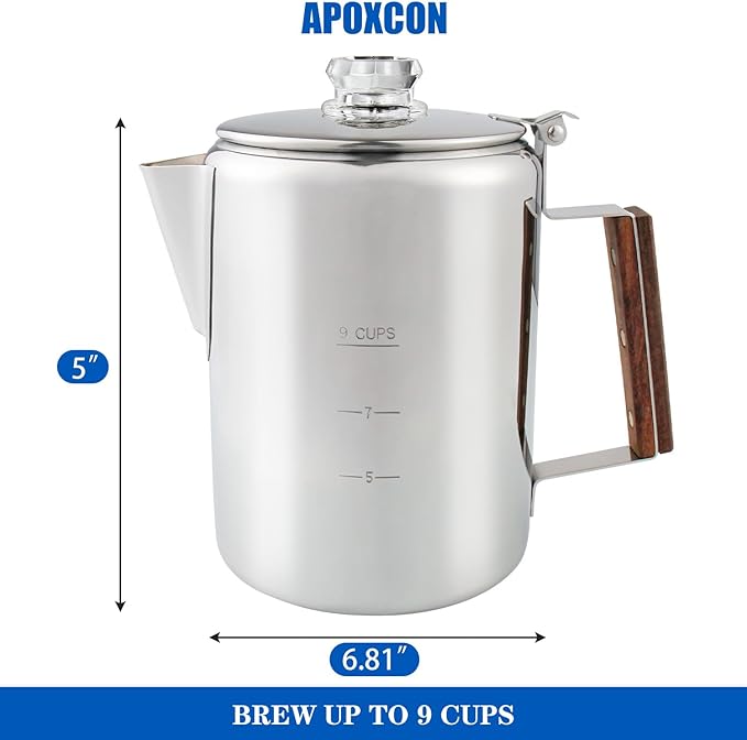 Coffee Percolator Camping Coffee Pot Stainless Steel with Glass Knob Using on any Stovetop - NO Aluminum NO Plastic (9 Cup)