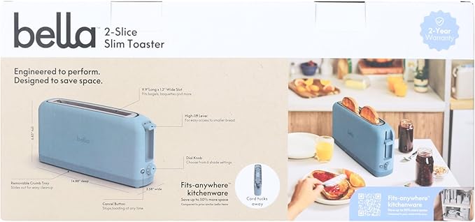 bella 2-Slice Slim Toaster with Extra Long Slot 6 Setting Shade Control with Reheat &amp Cancel Buttons Surf