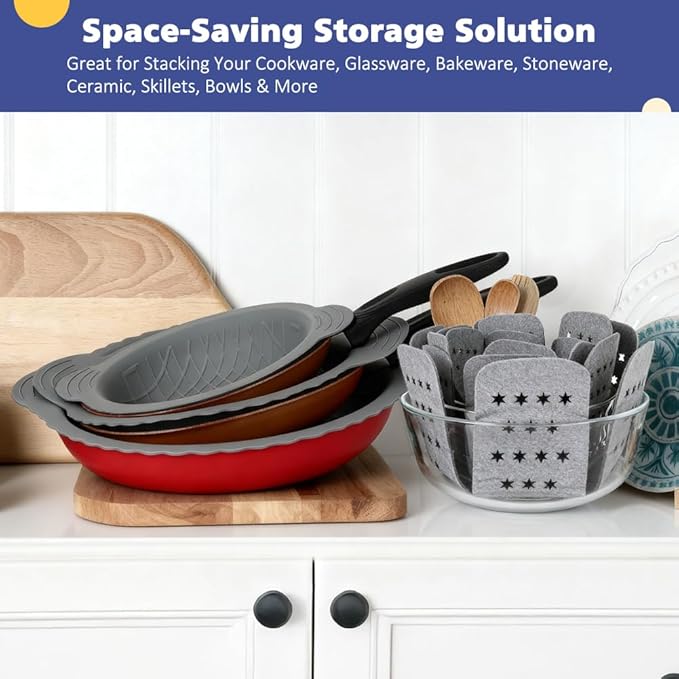 BYKITCHEN 3PCS Silicone Pan Protectors with 6PCS Felt Pan Pot Separators Dividers Pads for Stacking and Protecting Your Cookware Compatible with Hexclad Cookware Set Tfal Nonstick Frying Pans &ampM