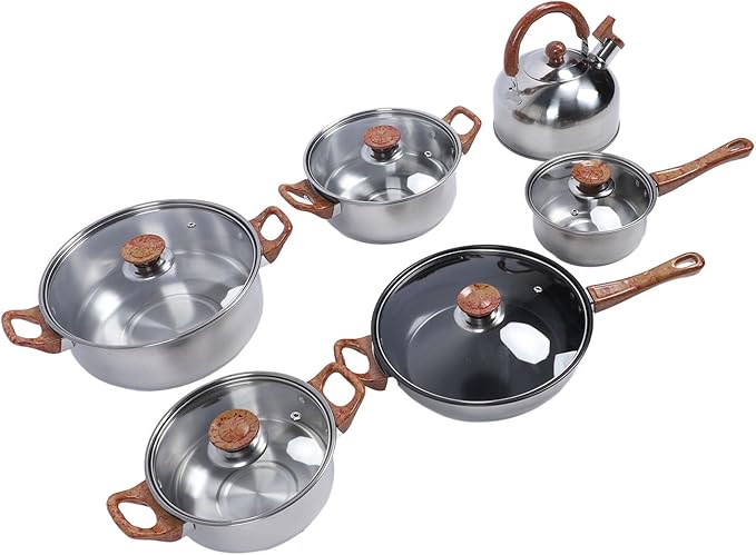 Stainless Steel Cookware Set Multifunctional Pots and Pans with Kettle Unique Wood Grain Design High Temperature Easy to Proof Ideal for Home Cooking