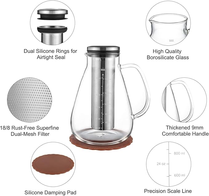 Cold Brew Iced Coffee Maker 34oz Brewed Coffee Pot with Removable Double Mesh 304 Stainless Steel Filter BPA-Free Cold Brew Pitcher Glass Container Tea Maker