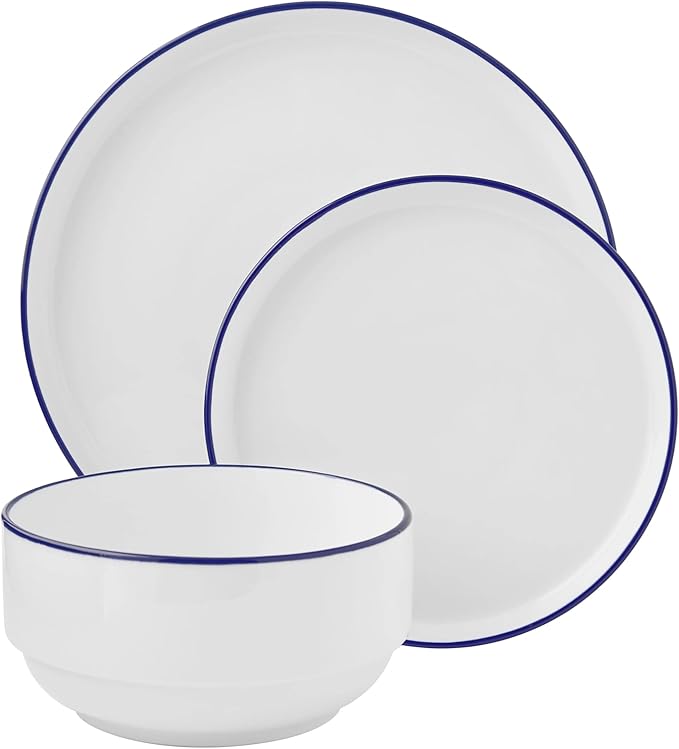 CNEIESD12-Piece Blue-Rim Glazed Stoneware Dinnerware Set – Modern Minimalist Home Dining