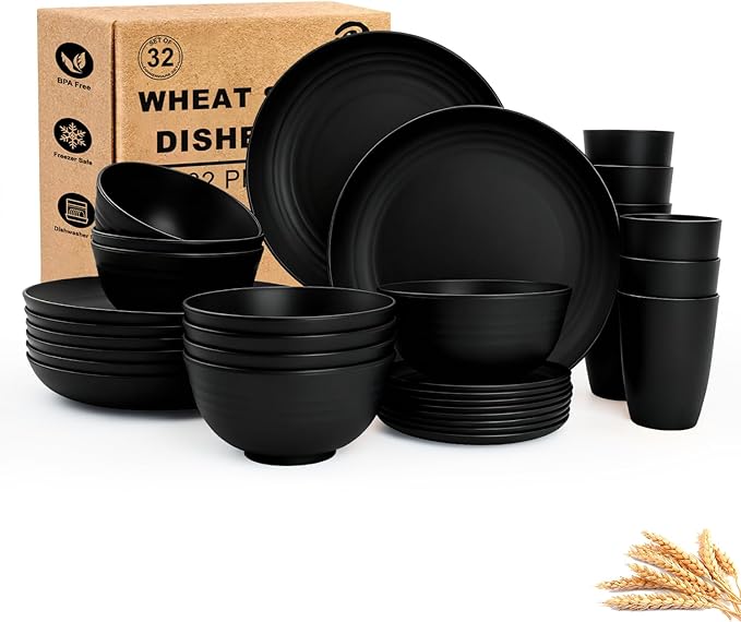 Wheat Straw Dinnerware Sets for 8Plastic Plates and Bowls Sets 32-Piece Unbreakable &amp Lightweight Dish Set Camping Plates Cereal Bowls Cup Sets for Kitchen Apartment Essentials - Black