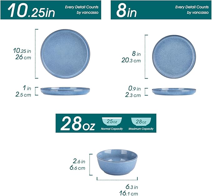 vancasso ANYA 18 Pieces Plates and Bowls Set Blue Dinnerware Sets Reactive Glaze Dishes Set for 6 Ceramic Dishware Sets Kitchen Dinner Set Microwave &amp Dishwasher Safe