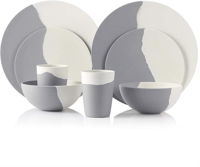 MORGIANA 8 pcs Bamboo Dinnerware Set Reusable Plates Bowls Sets Camping Picnic Dishes Tableware Set for 2 (Grey &amp White)