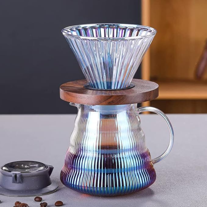 Pour Over Coffee Maker Set with Dripper500ml Glass Coffee Server SetV60 Glass Coffee Dripper with Wood Base for Home Office Gift