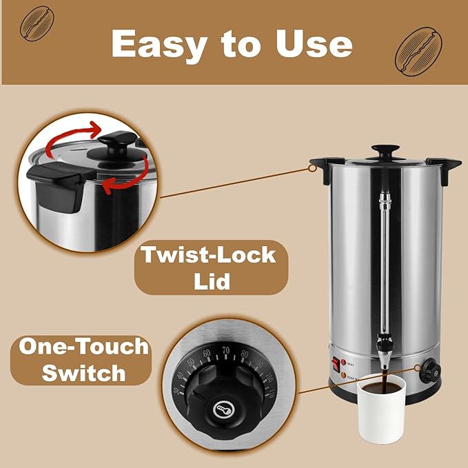 16L Coffee Maker Stainless Steel 100-Cup Large Commercial Coffee Machine Quick Brew 30-100℃ Double Wall Cafe Percolator Hot Water Urn for Catering Offices Church