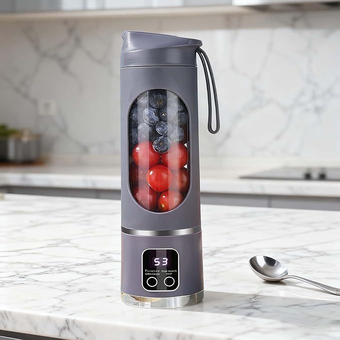 Portable Juicer USB Rechargeable 1500mah Battery 3 Speed Cooking Machine with Display 450ML Electric Juicer Easy Clean Design for Smoothies Ice Crushing Gym Fresh Fruit Juices (White)