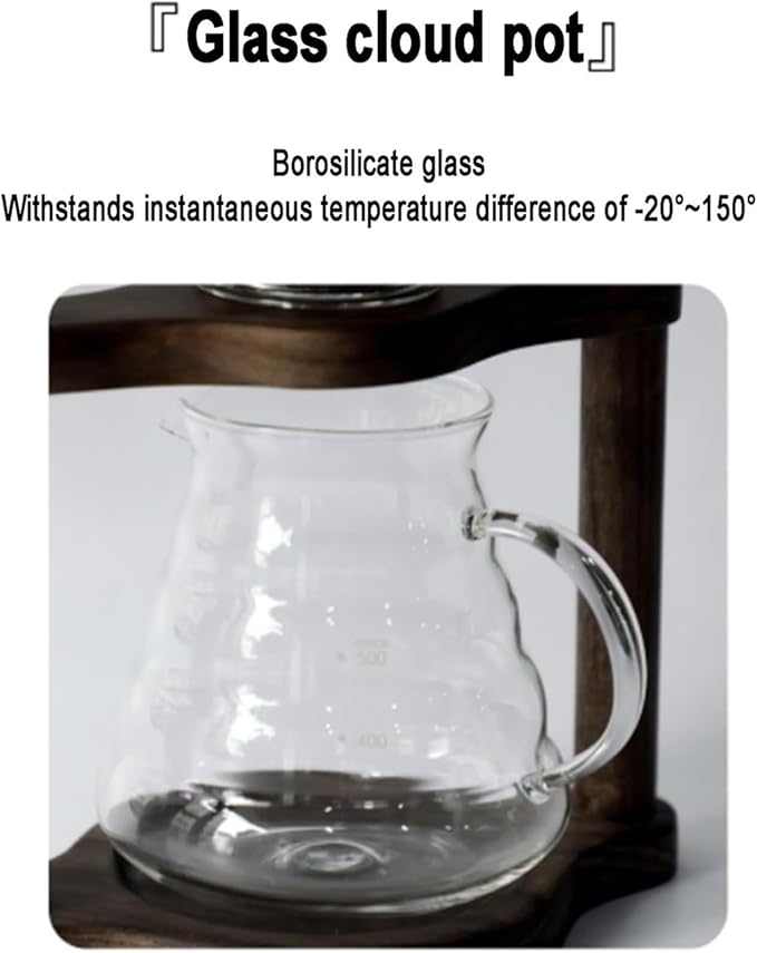 Solid Wood Ice Drip Coffee Pot 600ml High Borosilicate Glass Cold Brew Maker Ice Cold Brew Dripper Coffee Maker 4~6 Servings Drip Pot W/Adjustable Valve Stainless Steel Stopper for Cafes