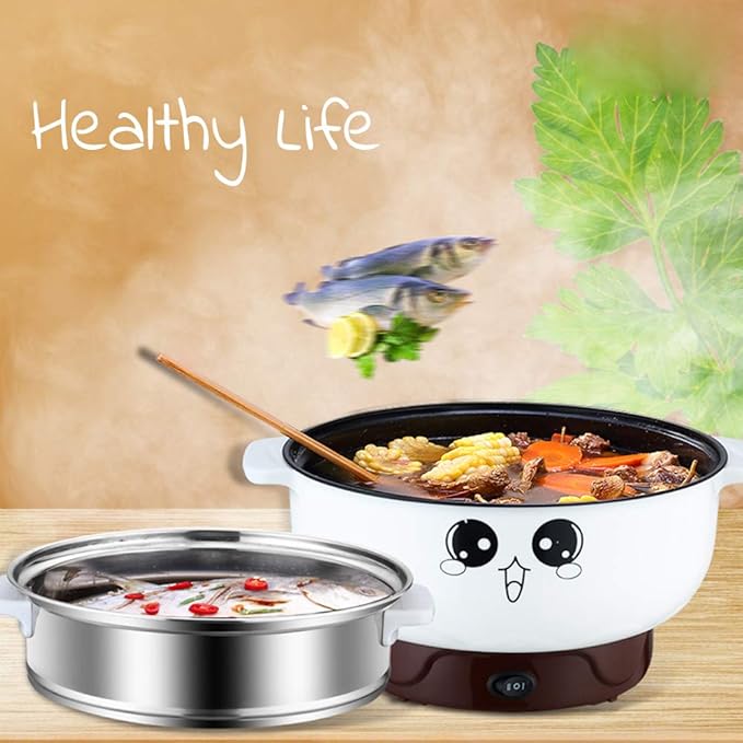 Multifunction Electric Skillet Stainless Steel Hot Pot Noodles Rice Cooker Steamed Egg Soup Pot Mini Heating Pan Cooking Rice (Color : Doublelayer Size : 20cm)