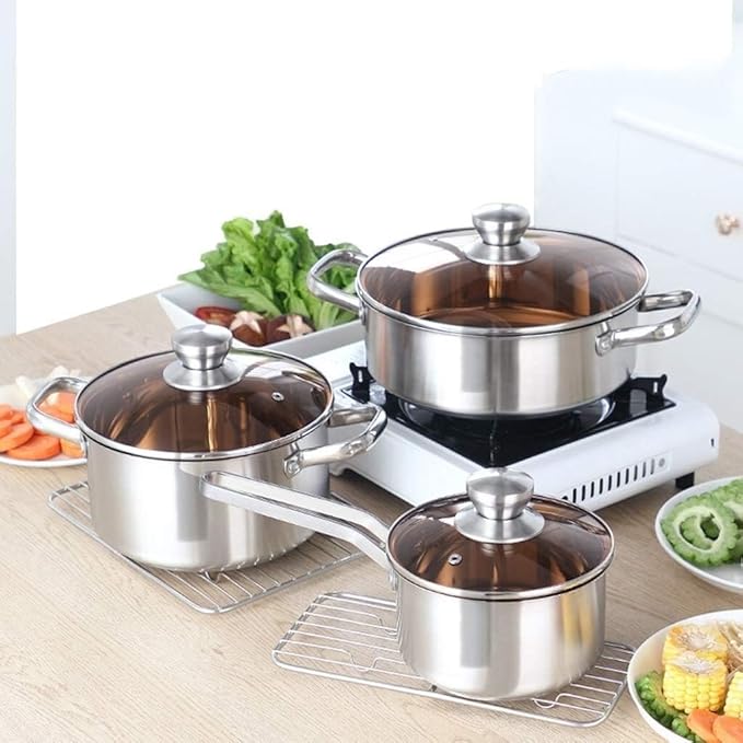 RUVOO Cookware Set Pots and Pans 3 Pcs Set Thicken Stainless Steel Cooking Soup Pot Nonstick Milk Pan Saucepan Glass Lid Kitchen Cooking Set