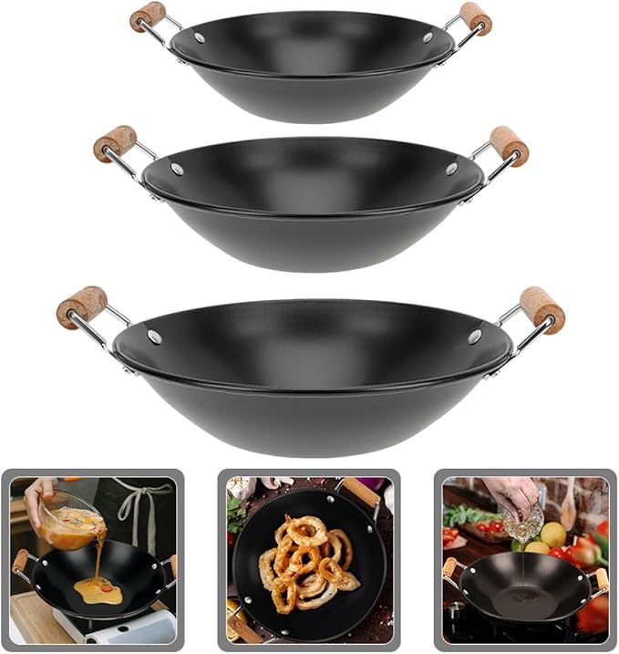 Homoyoyo 3pcs Stainless Steel Overflow-proof Dry Cooking Pots with Black Wooden Handles Small Household Cooking Pans for Stove Use Sturdy Metal Cookware Set for Single and Family Meals