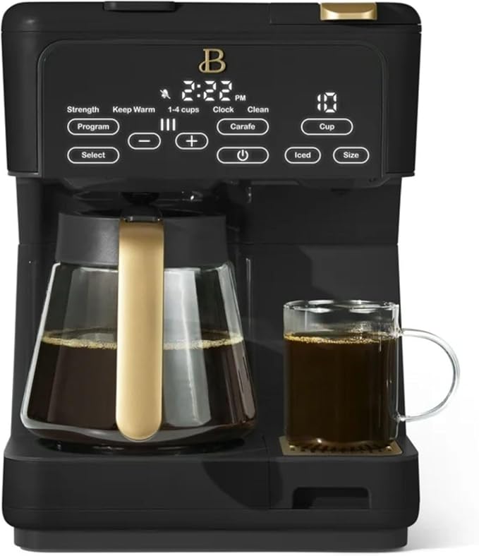 Multi-Brew Coffee Maker 12-Cup Carafe + Single-Serve Pods or Grounds Over Ice Touch Display by Drew Barrymoree. (Black Sesame)
