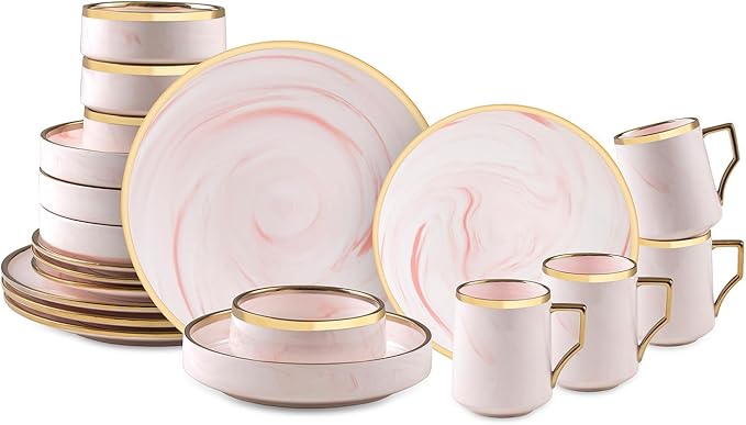 20 Piece Plates and Bowls Sets Fine China Artisan Marbled Dinner Set for 4 Dishwahser Safe Scratch Resistant Pink with Gold Line