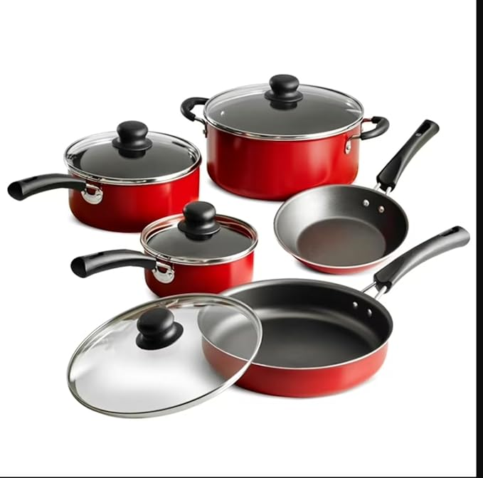 9-Piece Nonstick Cookware Set Red with Glass Lids Includes 7 Saute Pan 9 Deep Saute Pan 1 Qt and 2 Qt Sauce Pans 4 Qt Dutch Oven