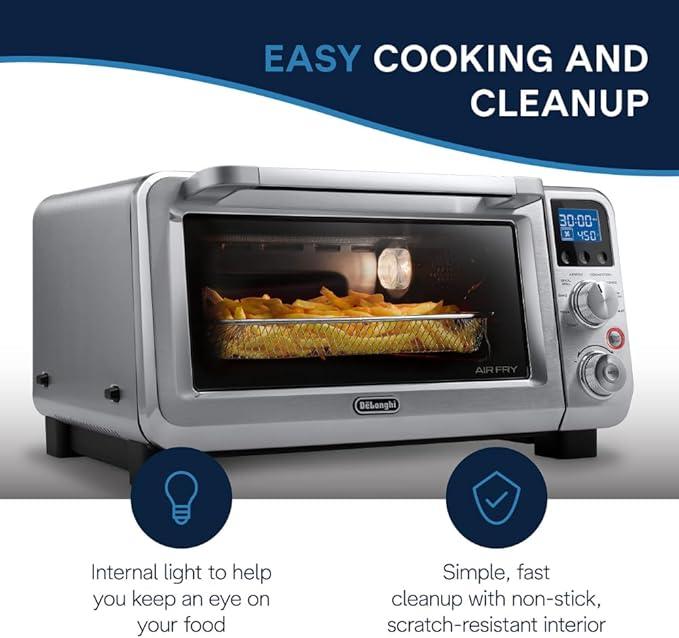 De'Longhi Digital Air Fry Convection Toaster Oven 14L Stainless Steel Air Fry Oven 9-in-1 Grills Broils Bakes Roasts Reheats Keep Warm Non-Stick Scratch-Resistant Interior 1800-Watts
