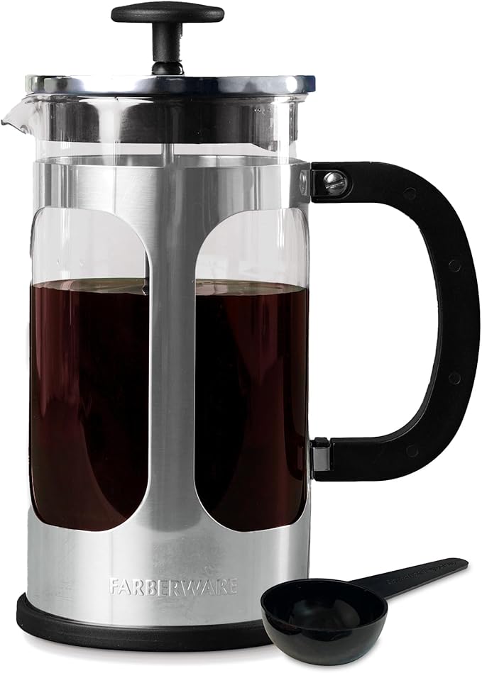 Farberware French Press Coffee Maker Tea &amp Espresso Maker Stainless Steel Cold Brew Press Heat-Resistant Borosilicate Glass BPA-Free Measuring Spoon Included 8 Cup Capacity (Stainless)