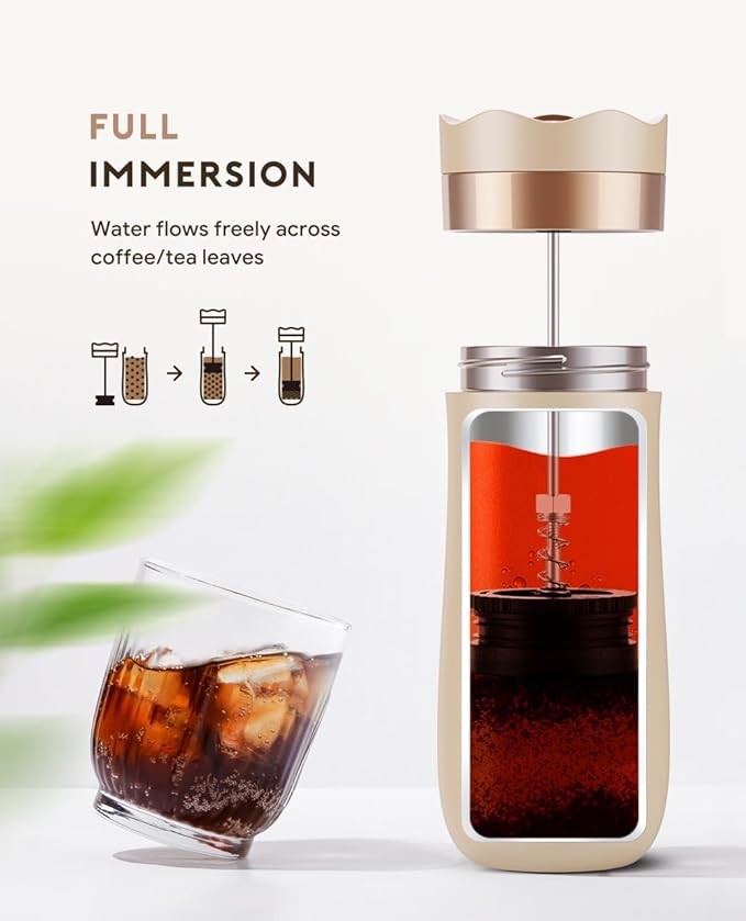 BENFUCHEN Travel Coffee Press Vacuum Insulated Portable French Press Stainless Steel Portable Coffee Maker/Tea Press 12oz Beige
