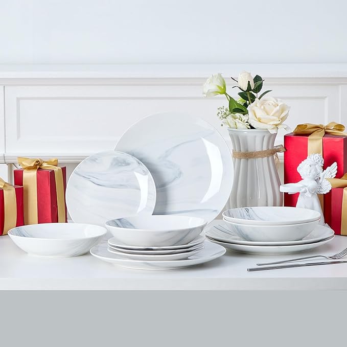 Bestone 12-Piece Round Kitchen Dinnerware Set Plates Bowls Service for 4 Blue and White Marble