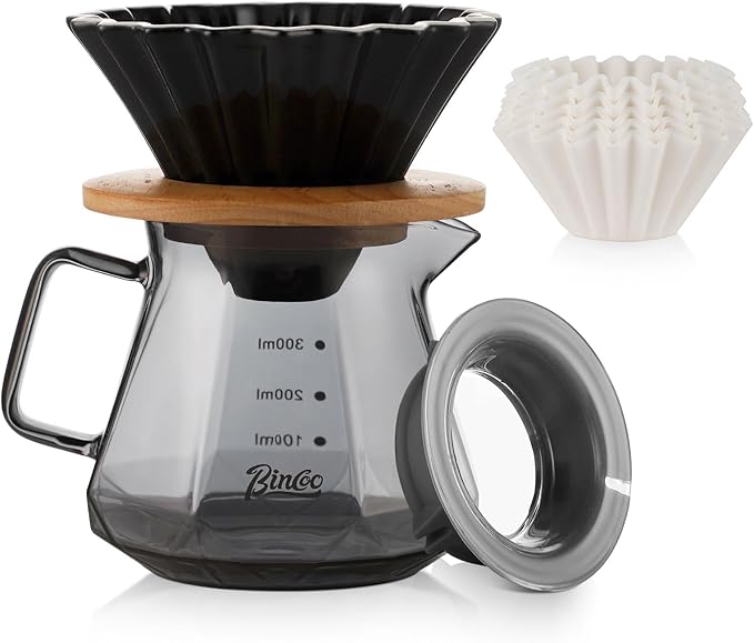 Bincoo 400ML Pour Over Coffee Maker Set with Filter PaperCeramic Coffee Dripper with Wood Stand Set for 1-2 Cups-Professional Brewing Tools for Pour Over &amp Drip for Home Office (Black)