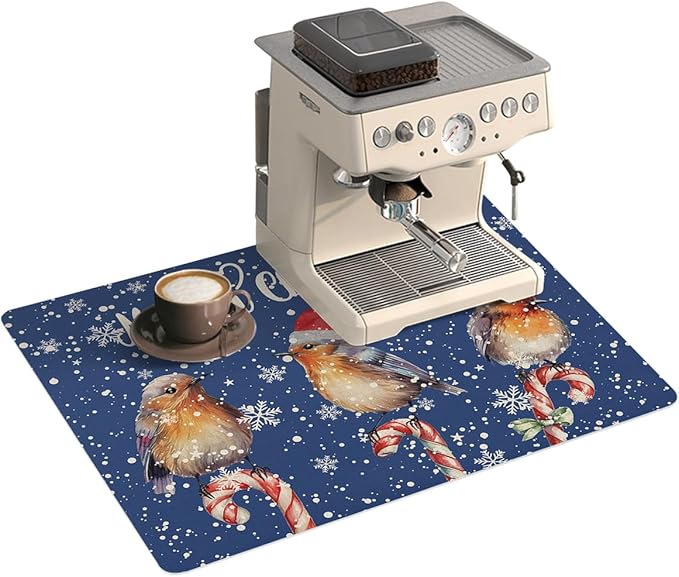 Coffee Mat Coffee Bar Mat for Countertops Christmas Watercolor Birds with Snowflakes Blue Absorbent Coffee Maker Mat Rubber Backed Dish Drying Mat for Coffee Espresso Machine Coffee Maker 16x18