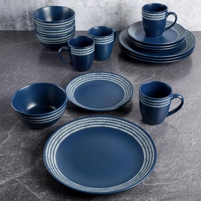 Tableware Set of Plates Dinner Sets 16-Piece Striped Rim Stoneware Dinnerware Set Plate Ceramic Dishes